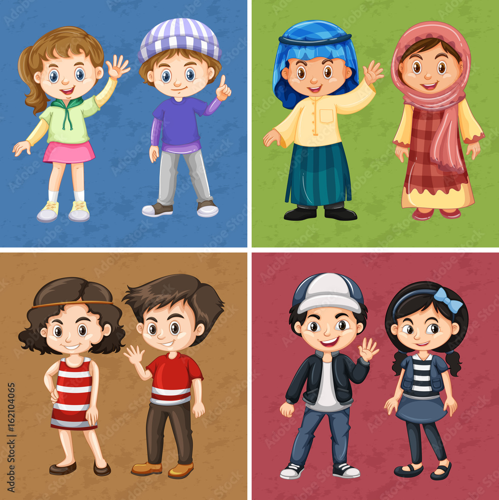 Four color backgrounds with happy children Four color backgrounds with happy children