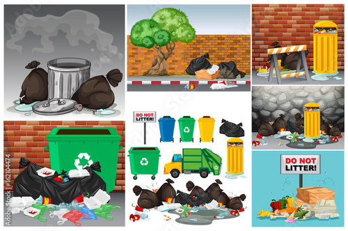 Road scenes with trash and trashcans