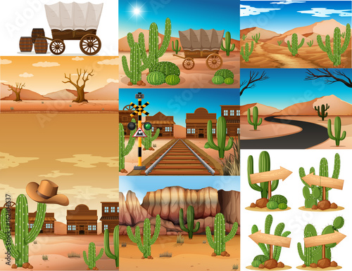 Desert scenes with cactus and buildings