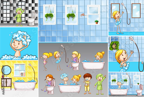 Bathroom scenes with kids doing different activities