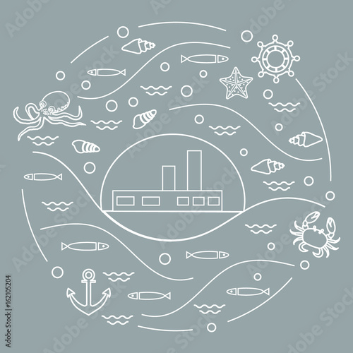 Cute vector illustration with ship  octopus  fish  anchor  helm  waves  seashells  starfish  crab arranged in a circle.