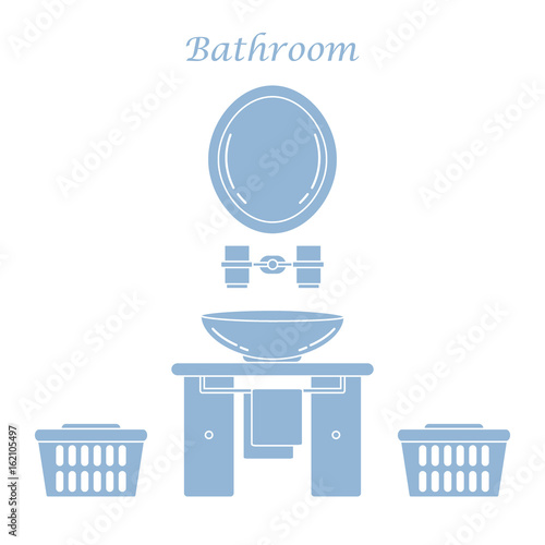 Cute vector illustration with variety bathroom elements: mirror, stand for glasses, washbasin, towel, towel holder, laundry baskets.