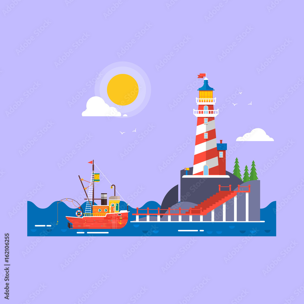 Cool flat design fishing boat seaway transportation.Lighthouse on rock stones island cartoon vector background. Vector illustration Cool flat design fishing boat seaway transportation.Lighthouse on rock stones island cartoon vector background. Vector illustration