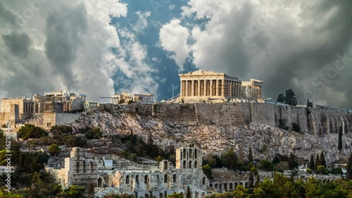 Parthenon, Acropolis of Athens, Greece - Timelapse with dramatic sky at daytime