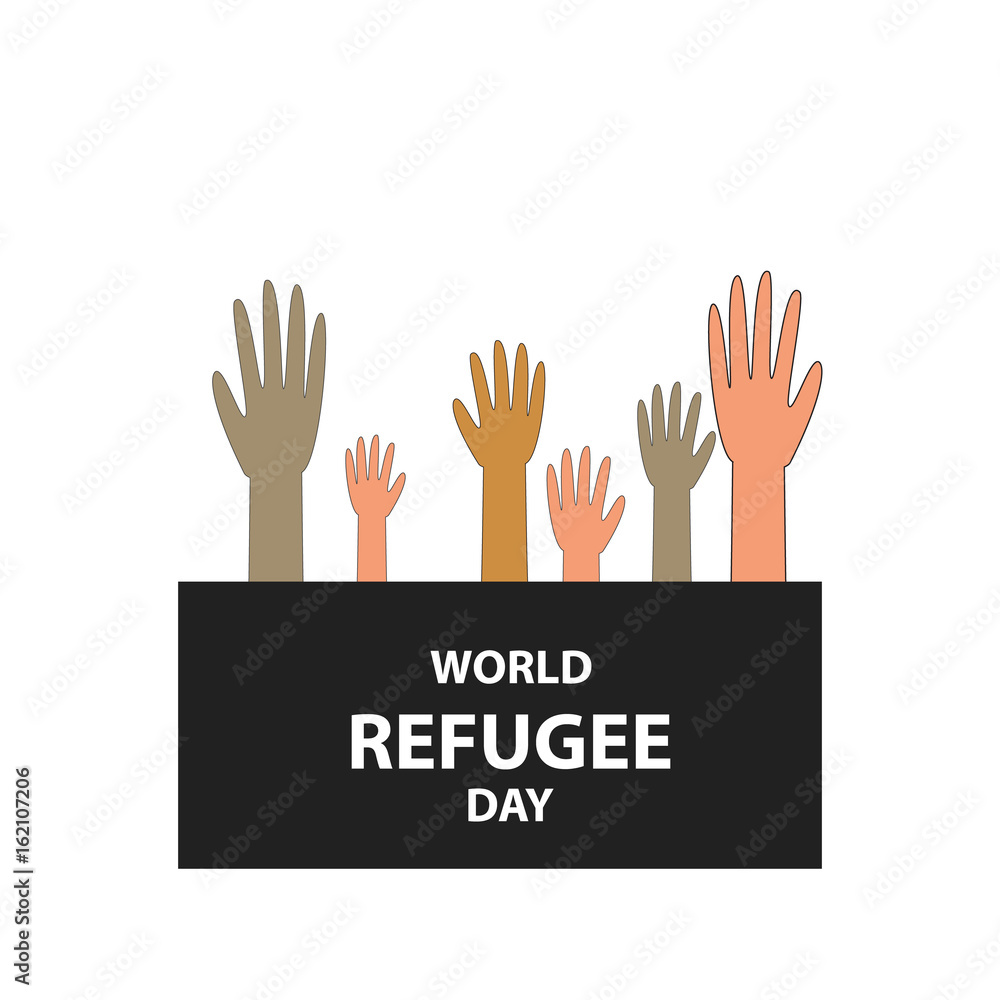 World Refugee Day. 20 June. Hands of people with different skin color and different nationalities. Vector illustration on isolated background World Refugee Day. 20 June. Hands of people with different skin color and different nationalities. Vector illustration on isolated background