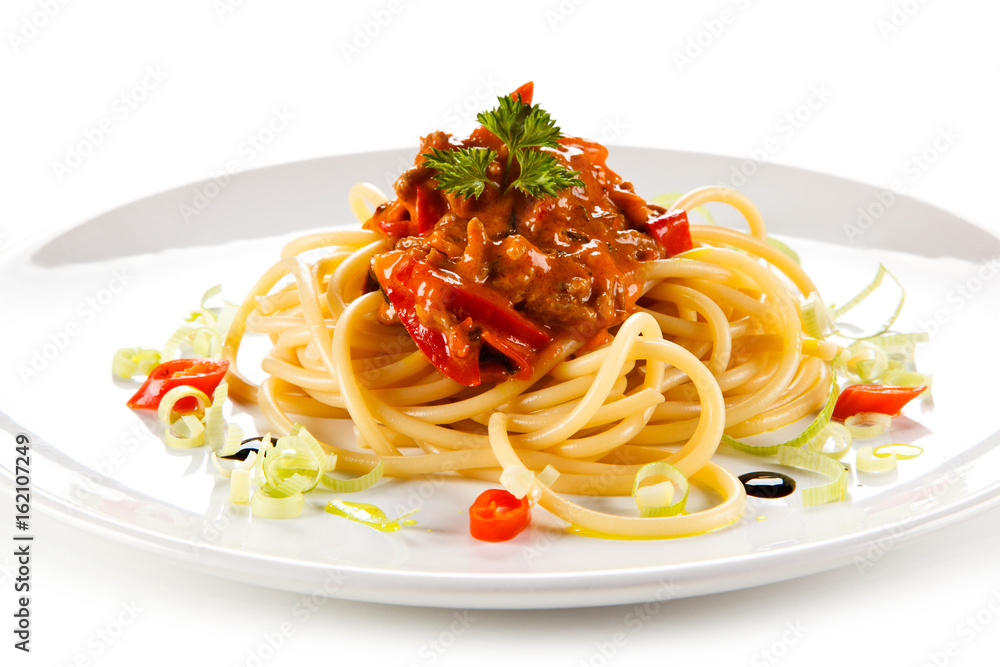 Pasta with bolognese sauce on white background Pasta with bolognese sauce on white background
