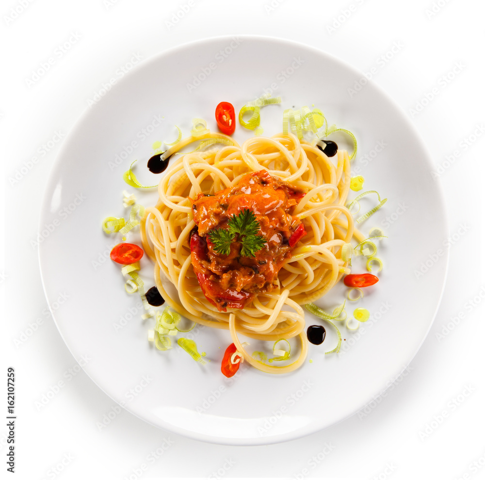 Pasta with bolognese sauce on white background Pasta with bolognese sauce on white background