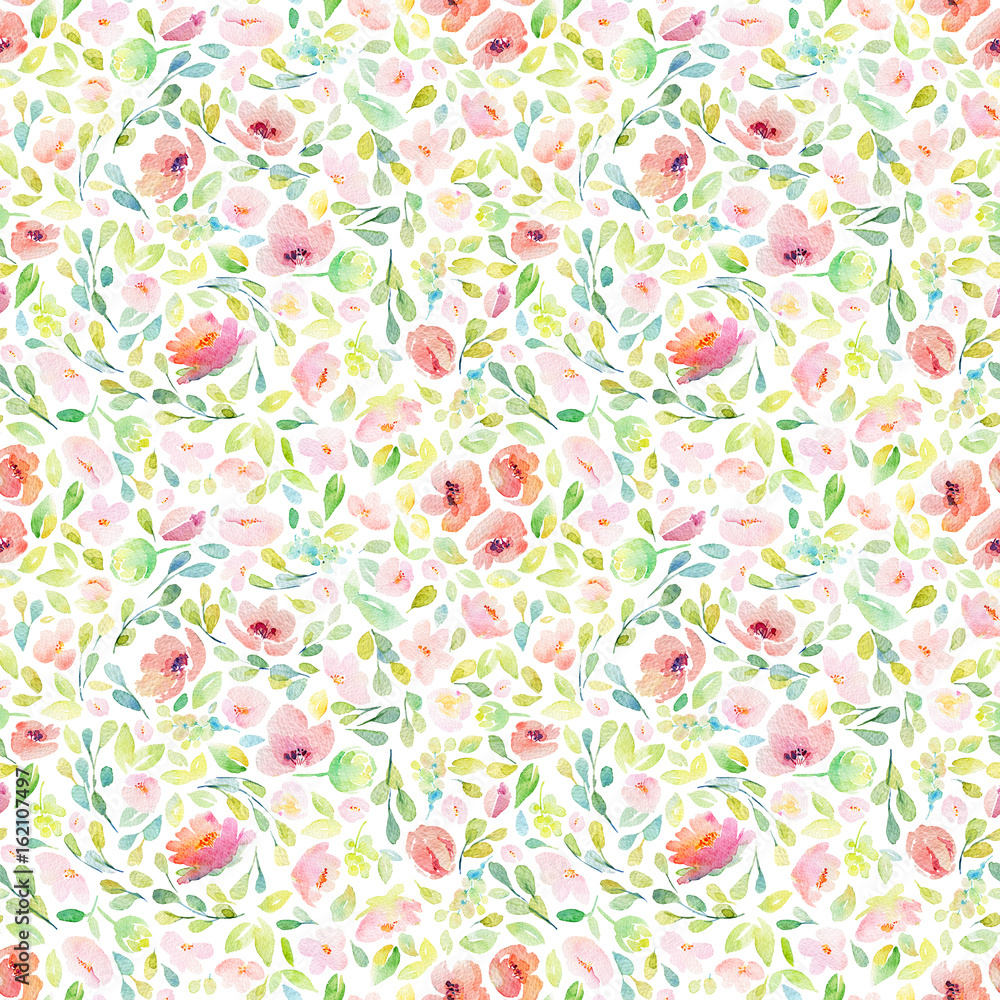 Seamless pattern with pink flowers and leaves.