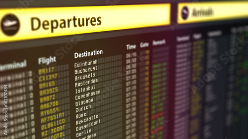 Departures sign board with flight information, destination cities on timetable 