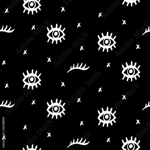 Vector Seamless pattern with hand drawn open and winking psychedelic eyes on black background