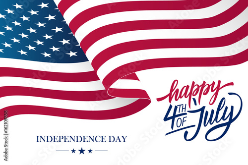 Happy 4th of July USA Independence Day greeting card with waving american national flag and hand lettering text design. Vector illustration.