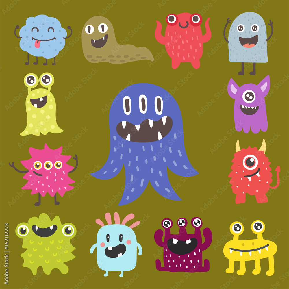 Funny cartoon monster cute alien character creature happy illustration devil colorful animal vector. Funny cartoon monster cute alien character creature happy illustration devil colorful animal vector.
