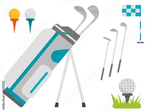 Vector set of stylized golf icons hobby equipment collection cart golfer player sport symbols