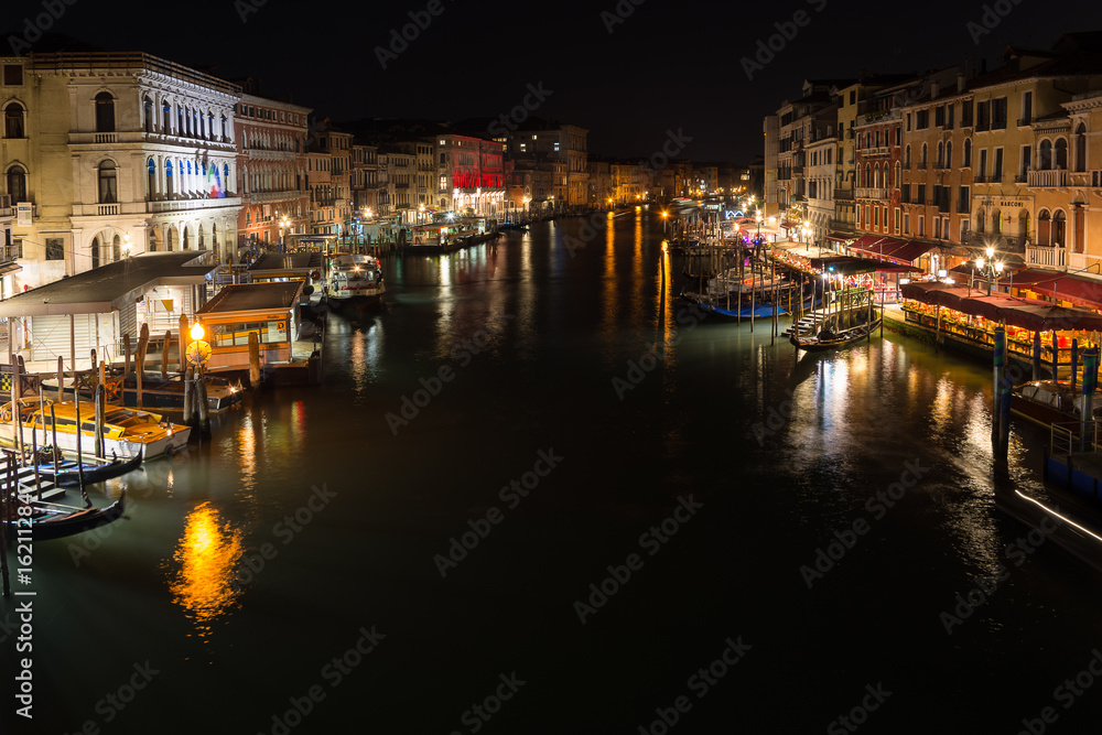 The Grand Canal in Venice, Italy, shot at night from Rialto Bridge
