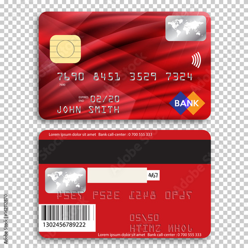 Realistic detailed credit card. Front and back side. Vector illustration of a bank card on a transparent background. 
