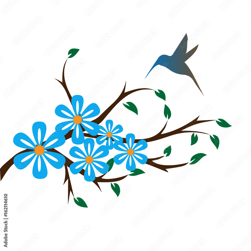 Hummingbird on branch with flowers Hummingbird on branch with flowers