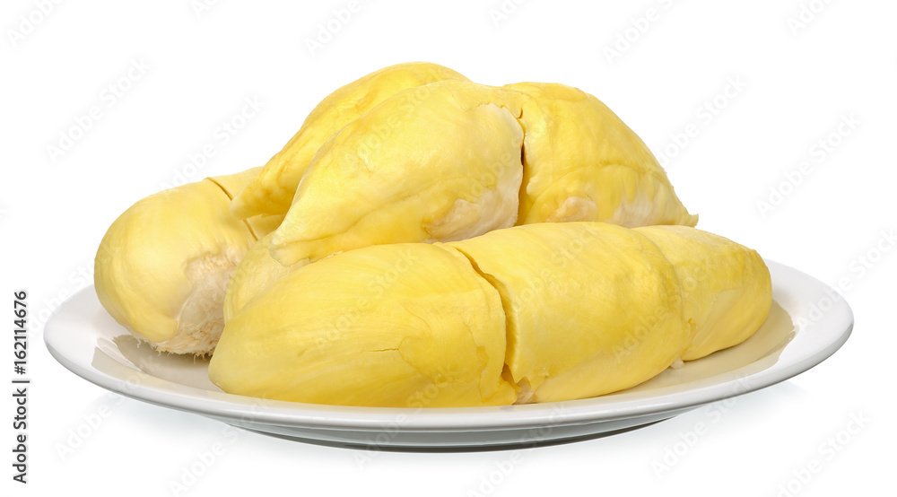 Durian with plate isolated on white background Durian with plate isolated on white background