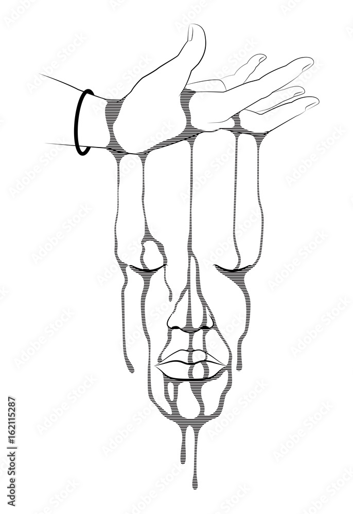 line art illustration of Hand upside down with bleeding down. Face