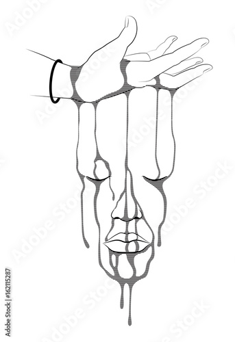 line art illustration of Hand upside down with bleeding down. Face shape. tattoo style. vector illustration.