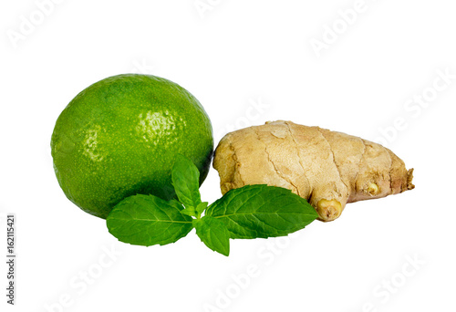 Isolated citrus fruits. Lime, lemon and ginger isolated on white background photo