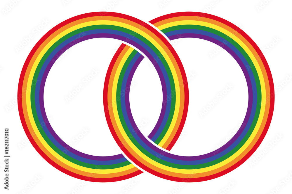 Two intersecting gay pride rainbow colored circles. Combined rings in the LGBT movement flag colors. Symbol for gay marriage, tolerance and peace. Isolated illustration on white background. Vector. Two intersecting gay pride rainbow colored circles. Combined rings in the LGBT movement flag colors. Symbol for gay marriage, tolerance and peace. Isolated illustration on white background. Vector.