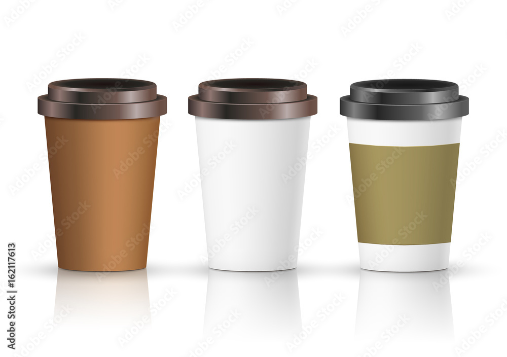 Coffee paper cup set with label. Brown plastic container for drink. Latte, mocha or cappuccino cup for cafe. Vector cover Coffee paper cup set with label. Brown plastic container for drink. Latte, mocha or cappuccino cup for cafe. Vector cover