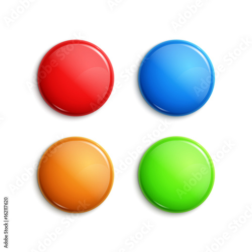 Blank colorful glossy badges. Web buttons. Vector shape design blue, red, green nad orange