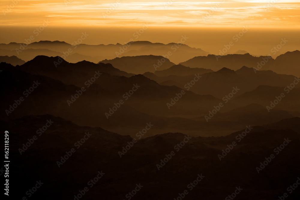 Panorama rocks of holy ground Mount Sinai on the sunrise, Egypt