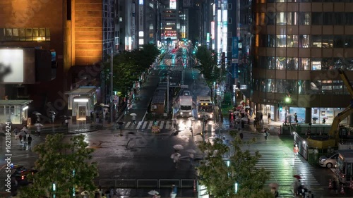 Time lapse of urban landscape, close-up, Car light trail and people walking in rain at night

