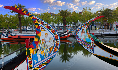 Traditionally painted Moliceiro boats in Aveiro, Portugal