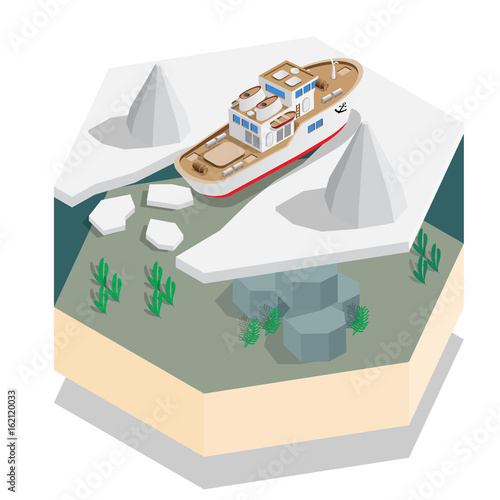 Ship in the sea ice. Isometric. Vector illustration.