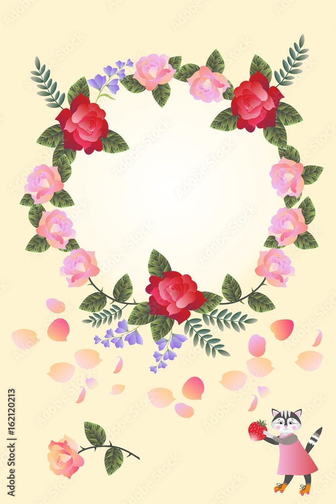 Cute card design with wreath of bright flowers and cat with berry.