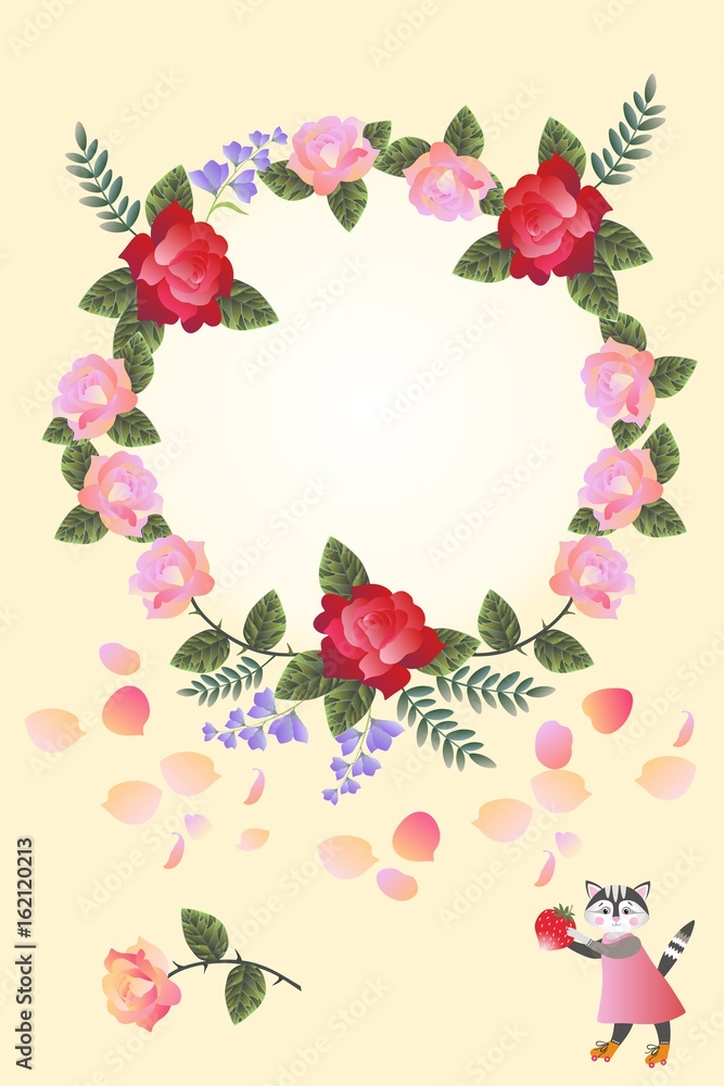 Cute card design with wreath of bright flowers and cat with berry. Cute card design with wreath of bright flowers and cat with berry.