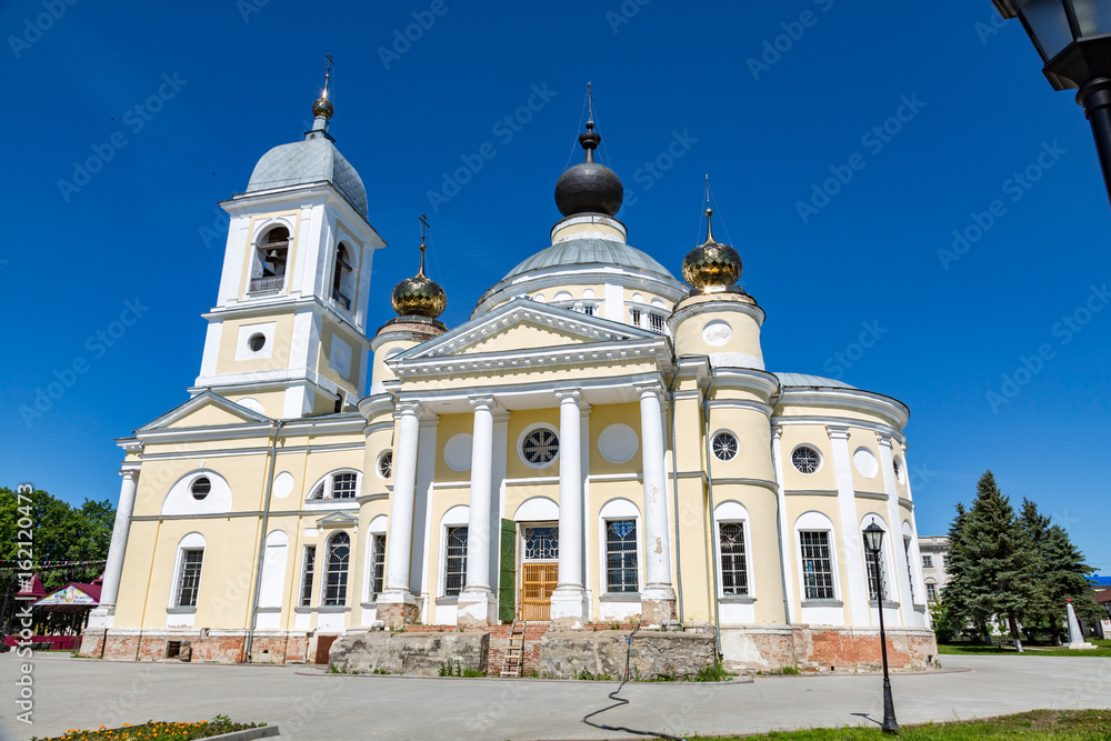 MYSHKIN, RUSSIA - JUNE 18, 2017: The facade of the Cathedral of the Assumption of the Mother of God. Founded in 1805. Yaroslavl region
