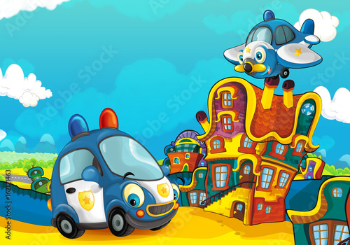 Cartoon sports car smiling and looking in the parking lot and plane flying over - illustration for children