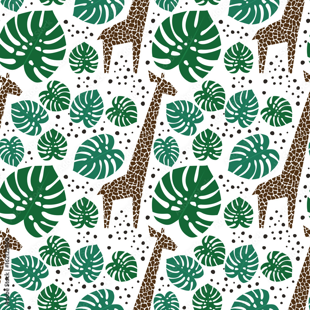 Fototapeta premium Giraffes, palm leaves and dots seamless pattern on white background. Jungle animals with tropical plants print. Fashion safari design for textile, wallpaper, fabric.