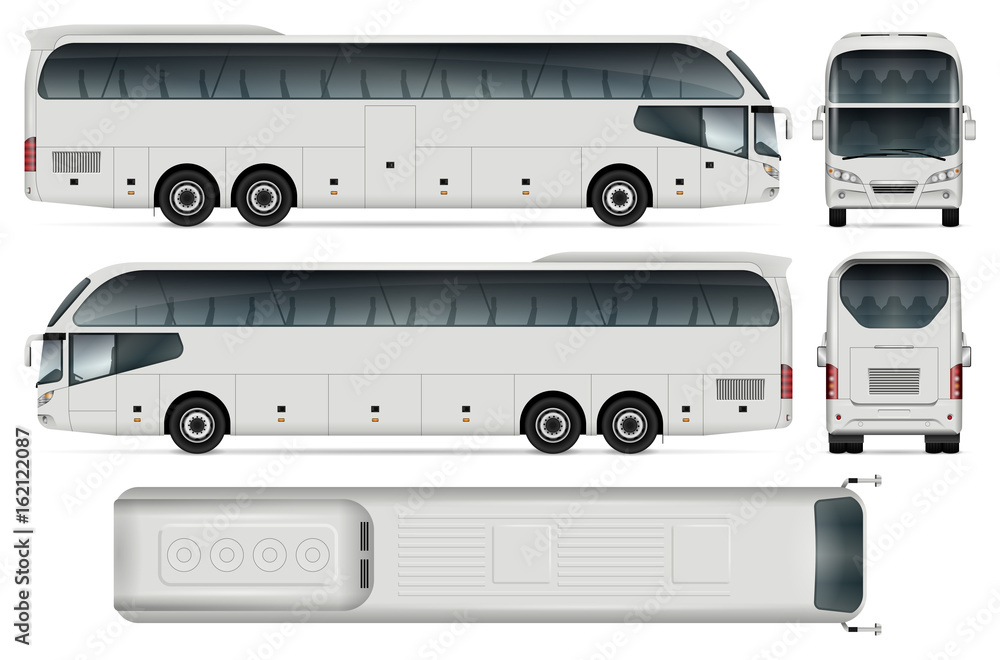 White coach bus template for car branding and advertising. Isolated passenger transport on white. All layers and groups well organized for easy editing and recolor. View from side, front, back, top. White coach bus template for car branding and advertising. Isolated passenger transport on white. All layers and groups well organized for easy editing and recolor. View from side, front, back, top.