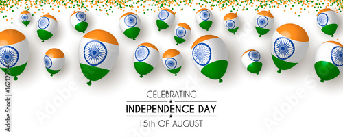India, Happy independence day 15th august background design with confetti, balloons, flag. Template for poster, banner, flyer, invitation, brochure, card, cover.