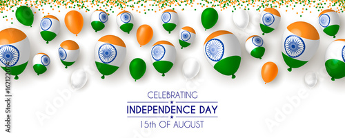 India, Happy independence day 15th august background design with confetti, balloons, flag. Template for poster, banner, flyer, invitation, brochure, card, cover.