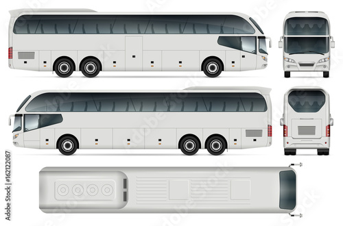 White coach bus template for car branding and advertising. Isolated passenger transport on white. All layers and groups well organized for easy editing and recolor. View from side, front, back, top.