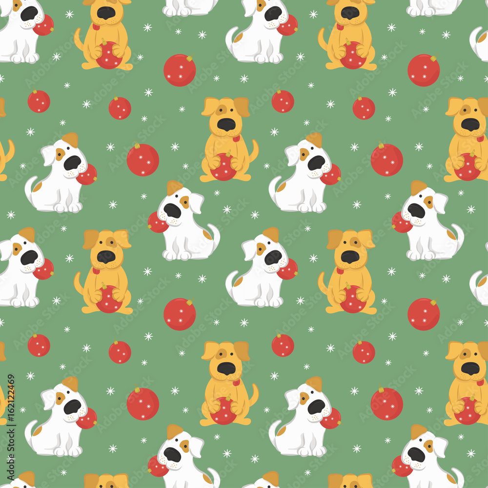 New 2018. The Chinese year of the yellow dog. Pattern with dogs and Christmas balls. Colorful vector illustration in cartoon style.