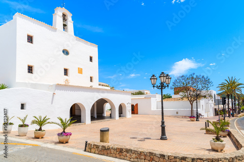 Square with typical white style church in Sant Josep de sa Talaia town on Ibiza island, Spain
