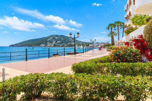 Coastal promenade along sea in Santa Eularia town, Ibiza island, Spain