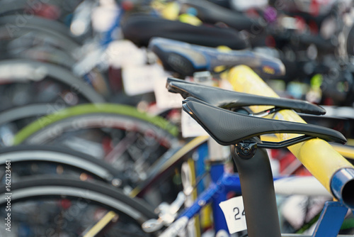 Obraz na płótnie Triathlon the transition zone,bicycles at triathlon change over station