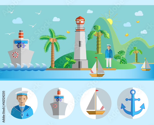 Sea island background and icon set.Summer travel tropical landscape. Vector illustration.