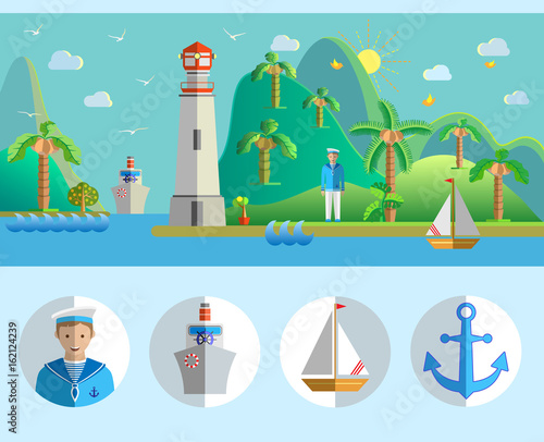 Flat design nature landscape illustration with port, lighthouse, sailing boat, seagulls, sailor, island, palm trees, steamer and sea. Vector illustration.