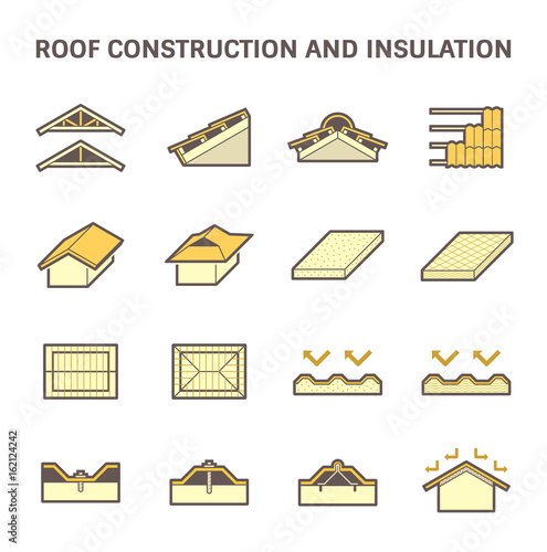 Roof construction and insulation material for building vector icon set.