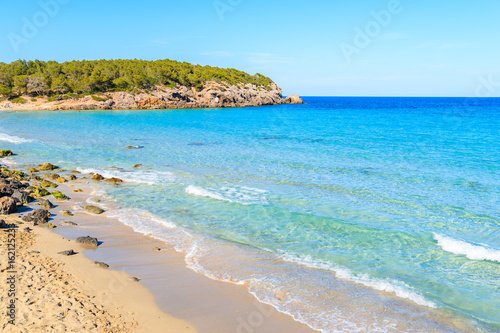 View of Cala Nova beach on sunny summer day, Ibiza island, Spain