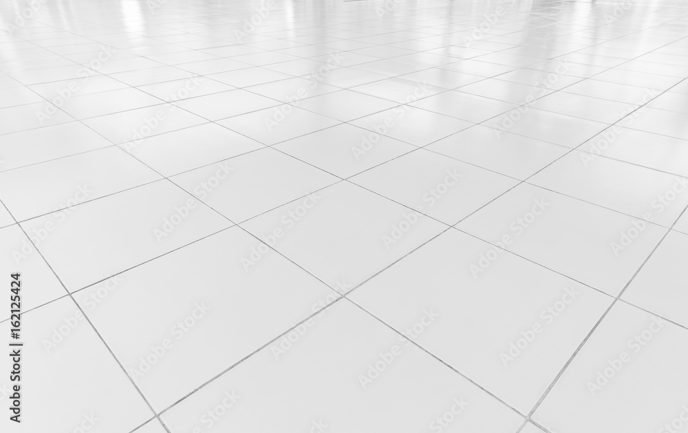 White tile floor background in perspective view. Clean, shiny, symmetry ...