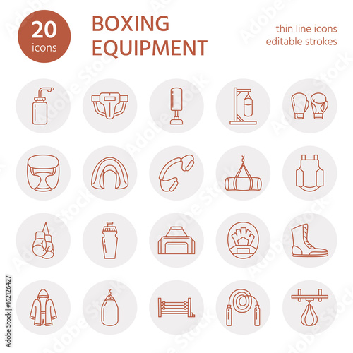 Boxing vector line icons. Punchbag, boxer gloves, ring, heavy bags, punching mitts. Sport training signs set, box championship pictogram with editable stroke for club, equipment store.
